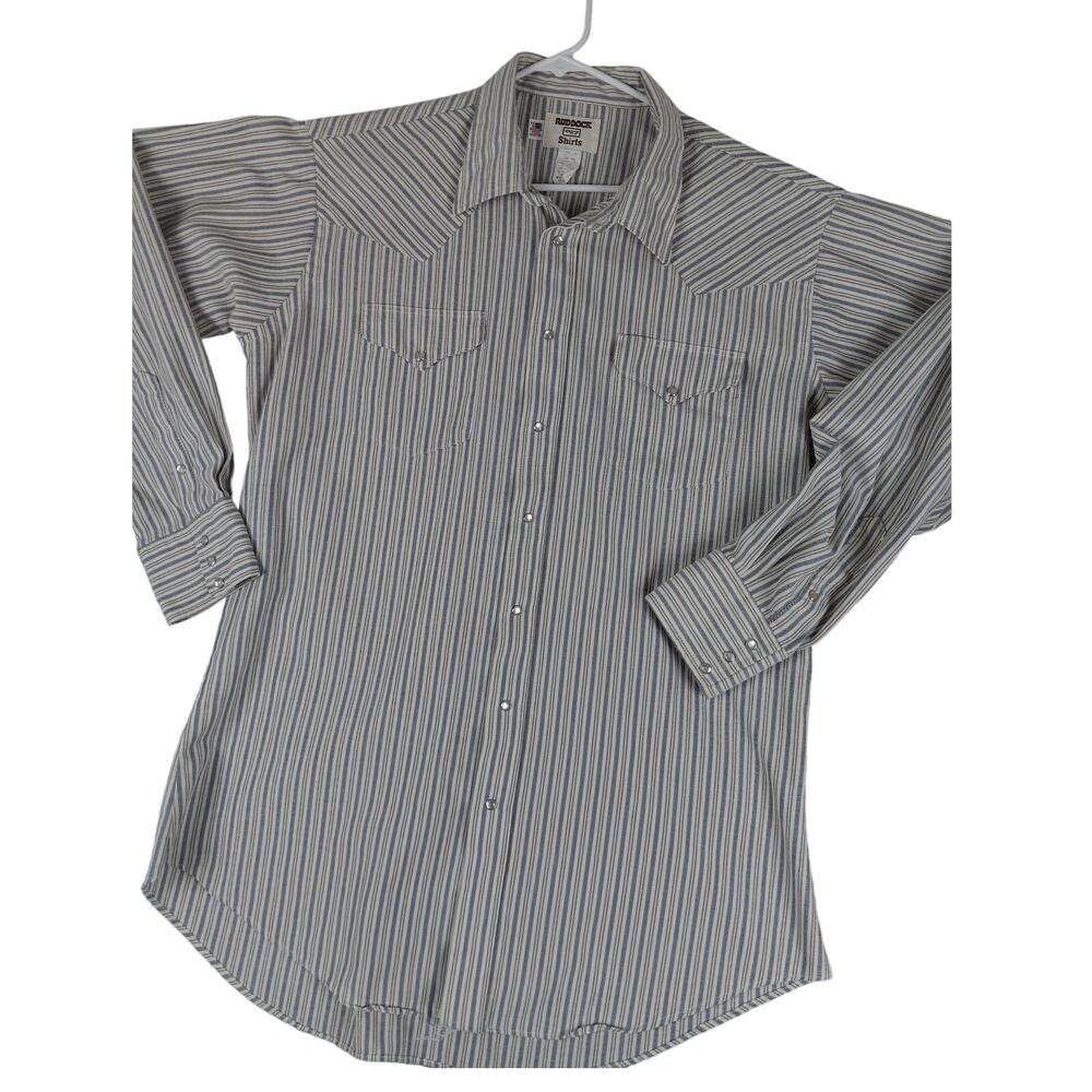 Vtg Ruddock Western Shirt‎ Mens 18X36 Cream/Gray Striped Long Tail Pearl Snap